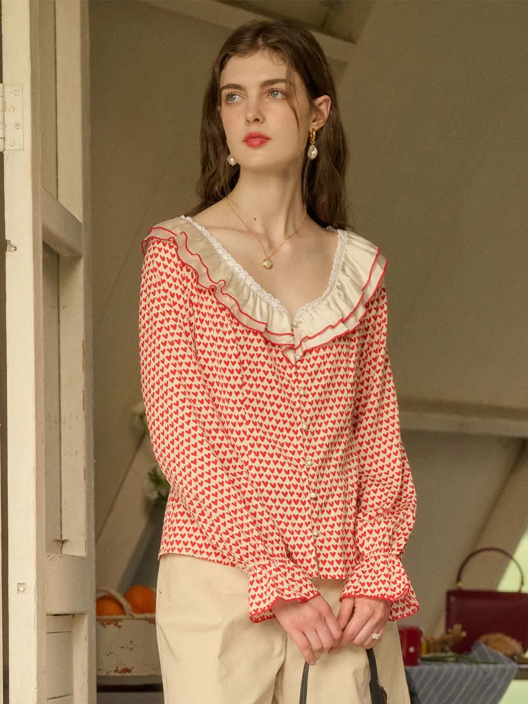 【Final Sale】Raelyn Patchwork Ruffle V Neck Heart Printed Blouse