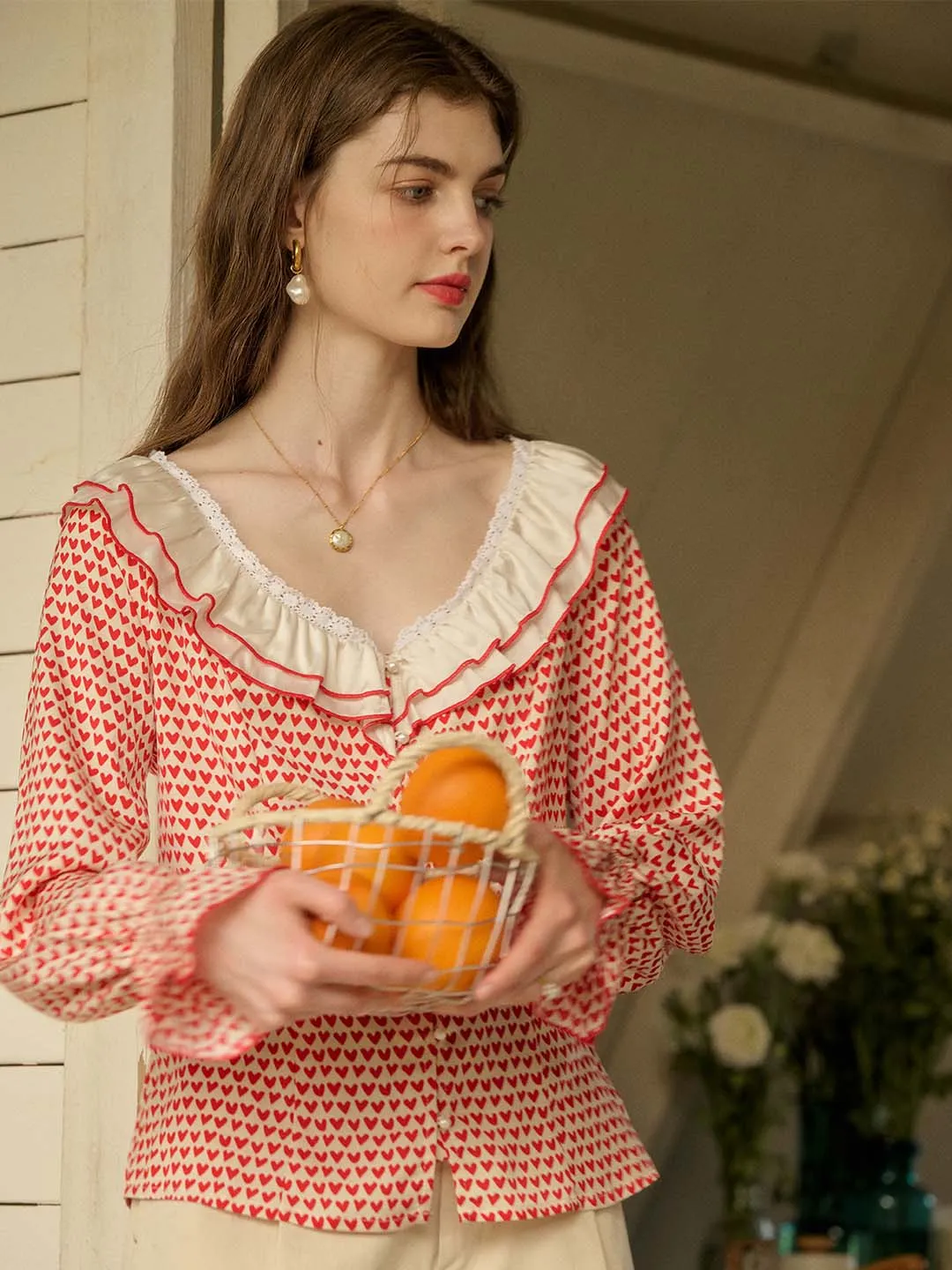 【Final Sale】Raelyn Patchwork Ruffle V Neck Heart Printed Blouse