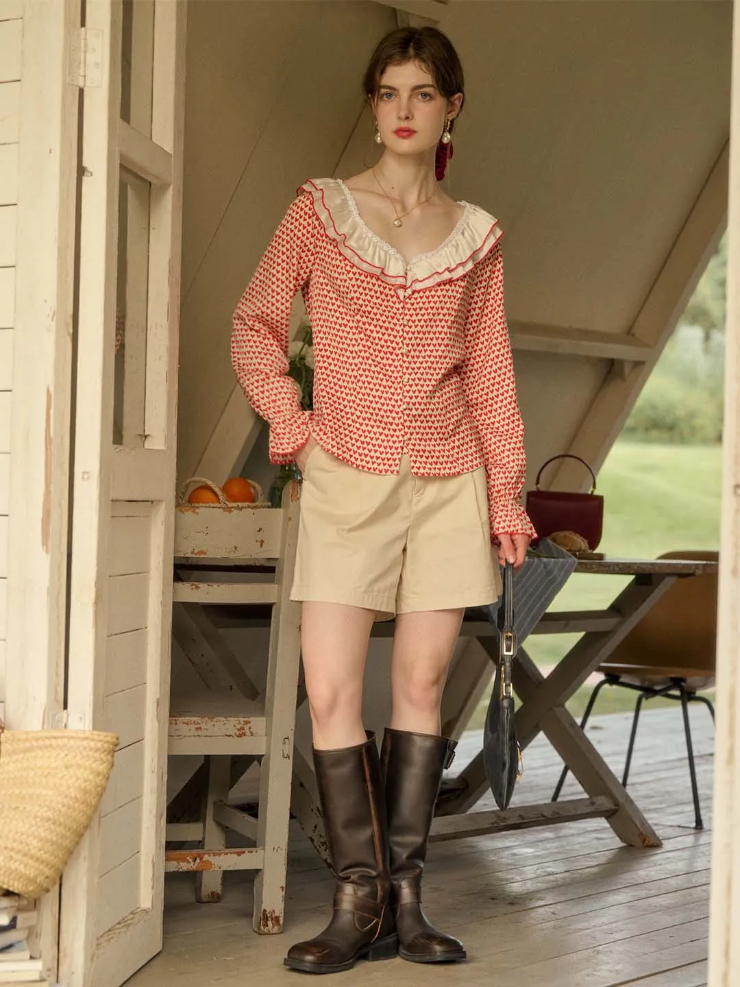 【Final Sale】Raelyn Patchwork Ruffle V Neck Heart Printed Blouse