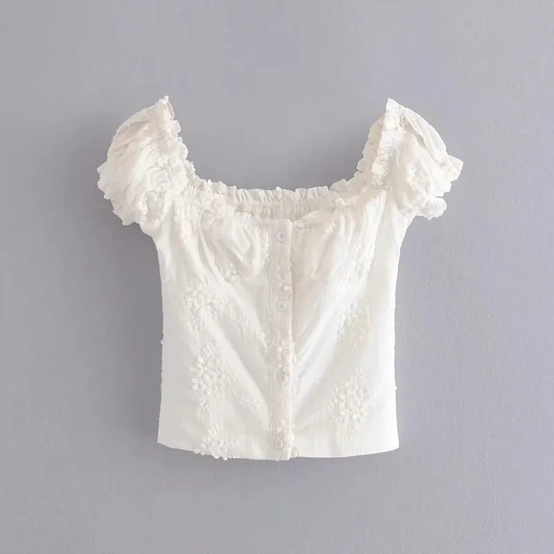 French retro bubble trend small sleeve short shirt