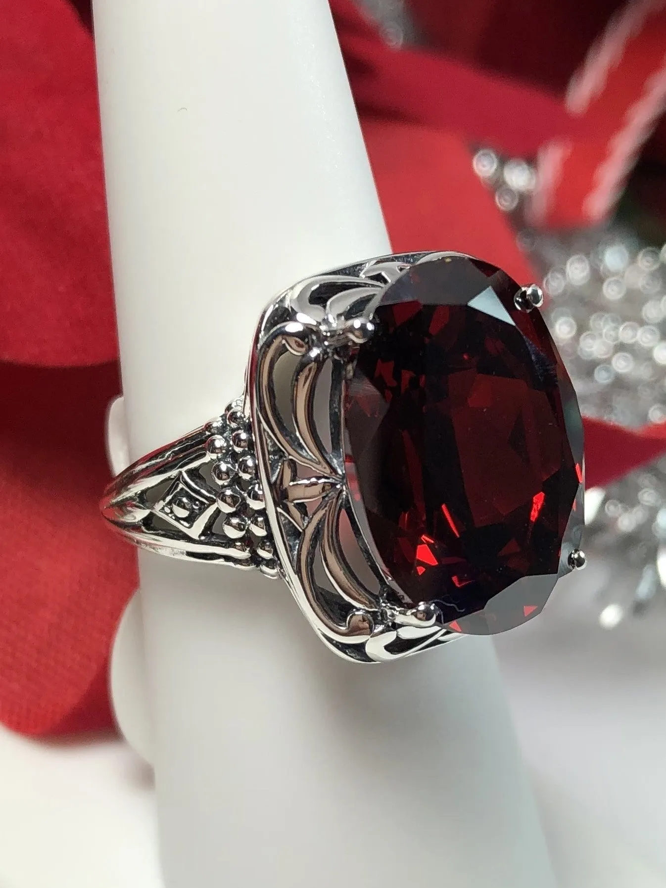 Garnet CZ Ring, Oval Gemstone, Retro Swirl Filigree, Art Deco Vintage Jewelry, D119