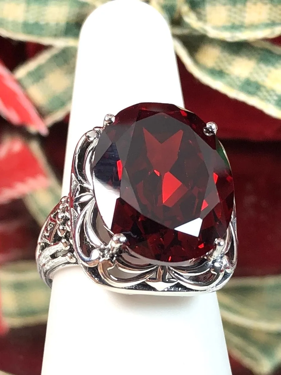 Garnet CZ Ring, Oval Gemstone, Retro Swirl Filigree, Art Deco Vintage Jewelry, D119