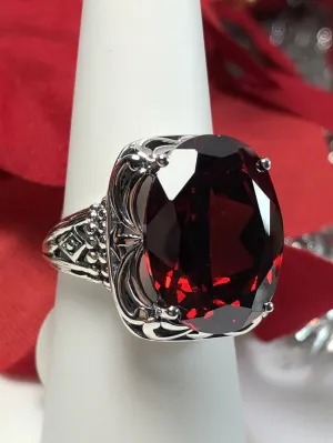 Garnet CZ Ring, Oval Gemstone, Retro Swirl Filigree, Art Deco Vintage Jewelry, D119
