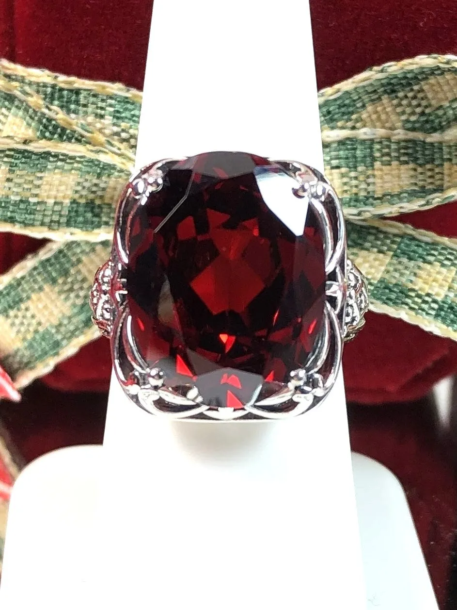 Garnet CZ Ring, Oval Gemstone, Retro Swirl Filigree, Art Deco Vintage Jewelry, D119