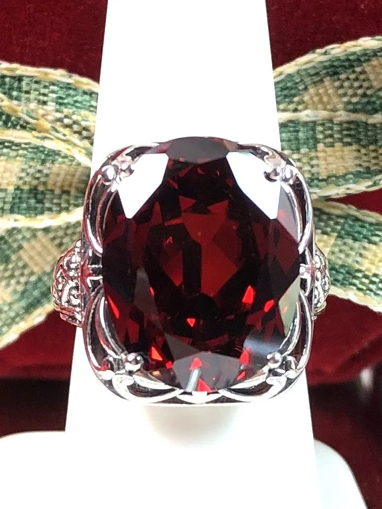 Garnet CZ Ring, Oval Gemstone, Retro Swirl Filigree, Art Deco Vintage Jewelry, D119