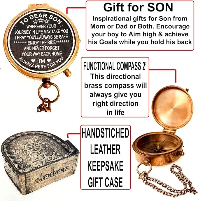 Gift for Son from Mom Dad | Engraved Compass 2" - Father to Son Gifts, Mom to Son Gifts for Graduation, Birthday Baptism Confirmation Communion