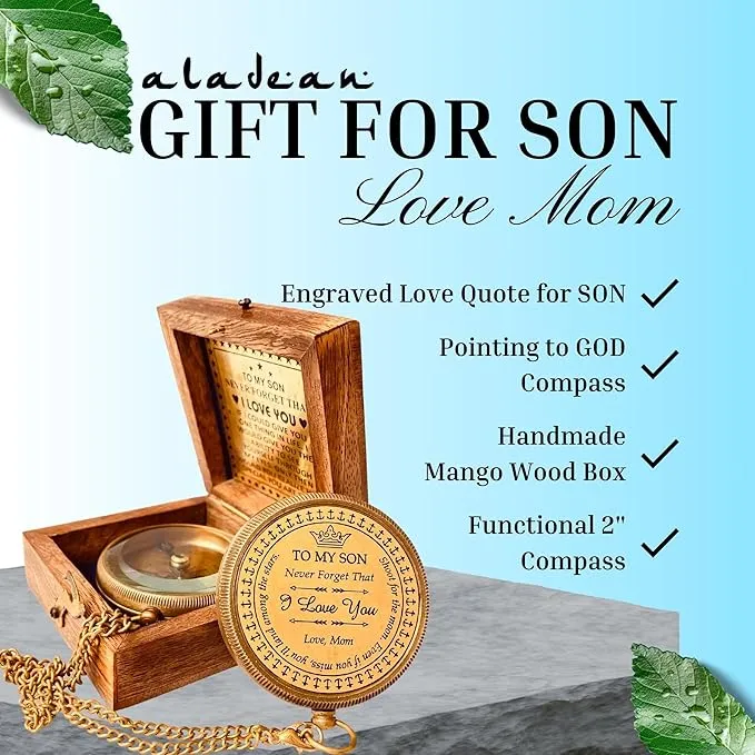 Gift for Son from Mom Dad | Engraved Compass 2" - Father to Son Gifts, Mom to Son Gifts for Graduation, Birthday Baptism Confirmation Communion