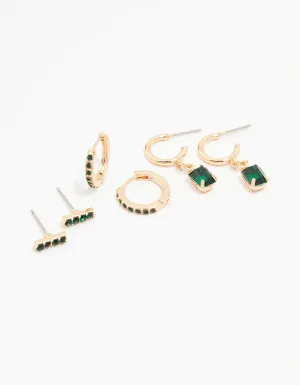 Gold Emerald Stud Earrings 3-Pack