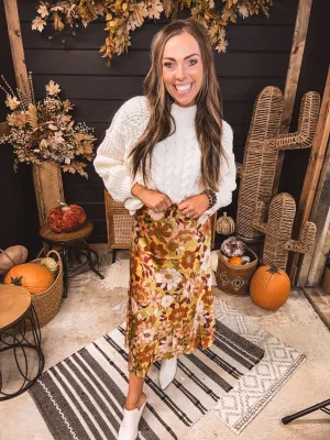Golden Olive Floral Midi Skirt