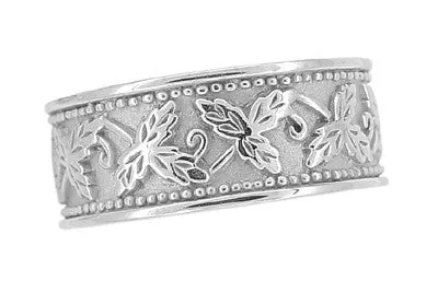 Grapes and Grape Leaves Heavy Wide Wedding Band in 14K White Gold - 8mm Wide