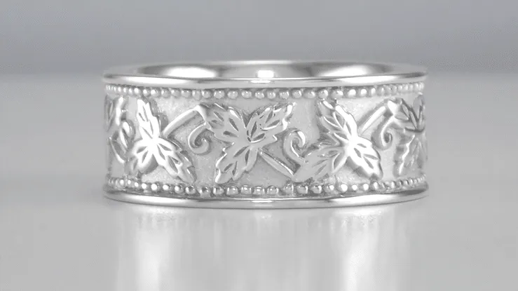 Grapes and Grape Leaves Heavy Wide Wedding Band in 14K White Gold - 8mm Wide