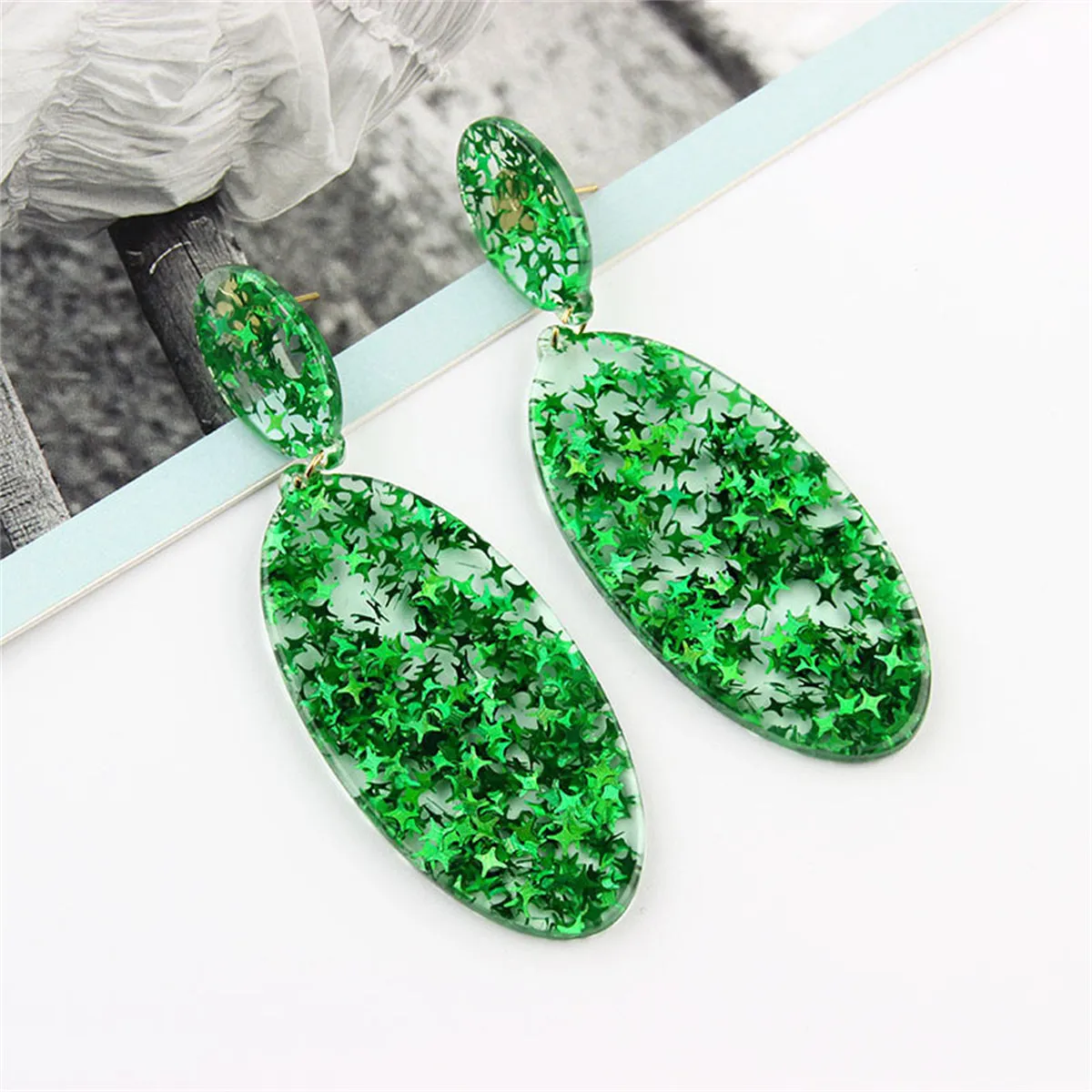 Green Resin & 18K Gold-Plated Star Oval Earrings