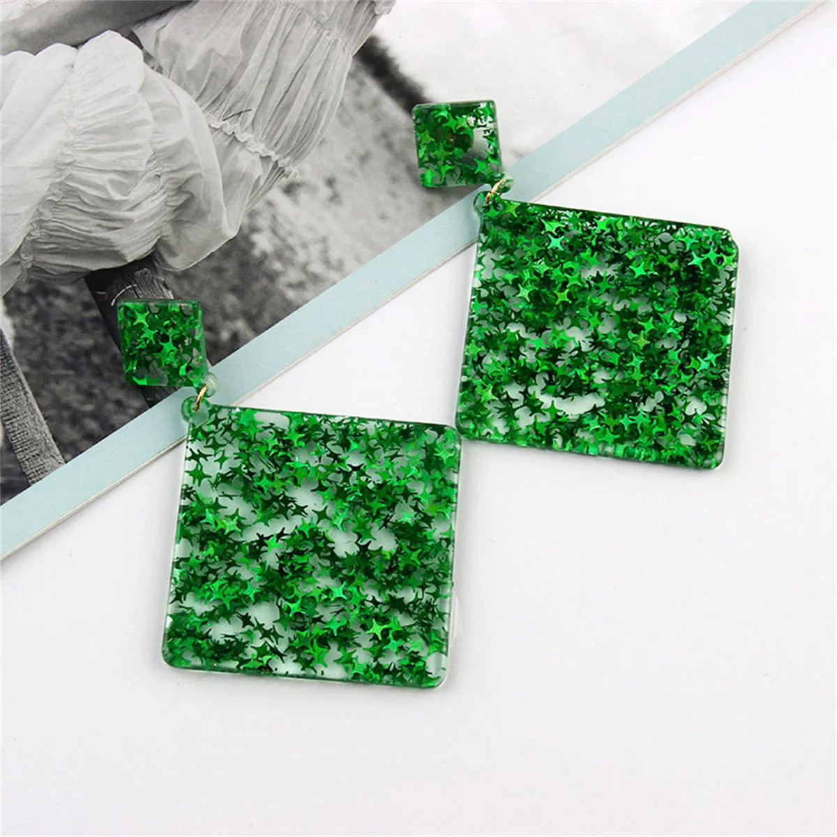 Green Resin & 18K Gold-Plated Star Rhombus Earrings