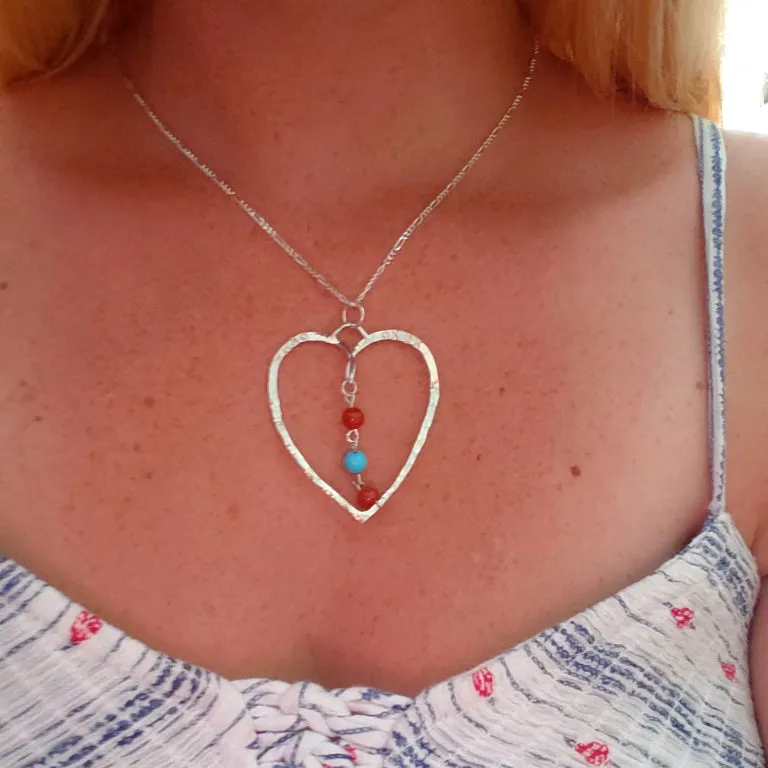 Handcrafted Sterling Silver Heart Pendant – Hammered Texture with Gemstones, Interchangeable Chain
