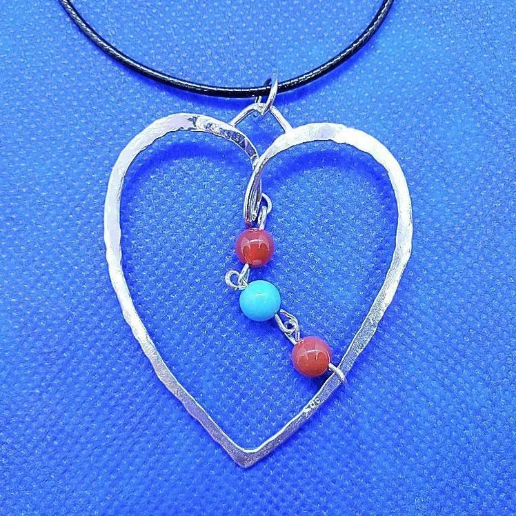 Handcrafted Sterling Silver Heart Pendant – Hammered Texture with Gemstones, Interchangeable Chain