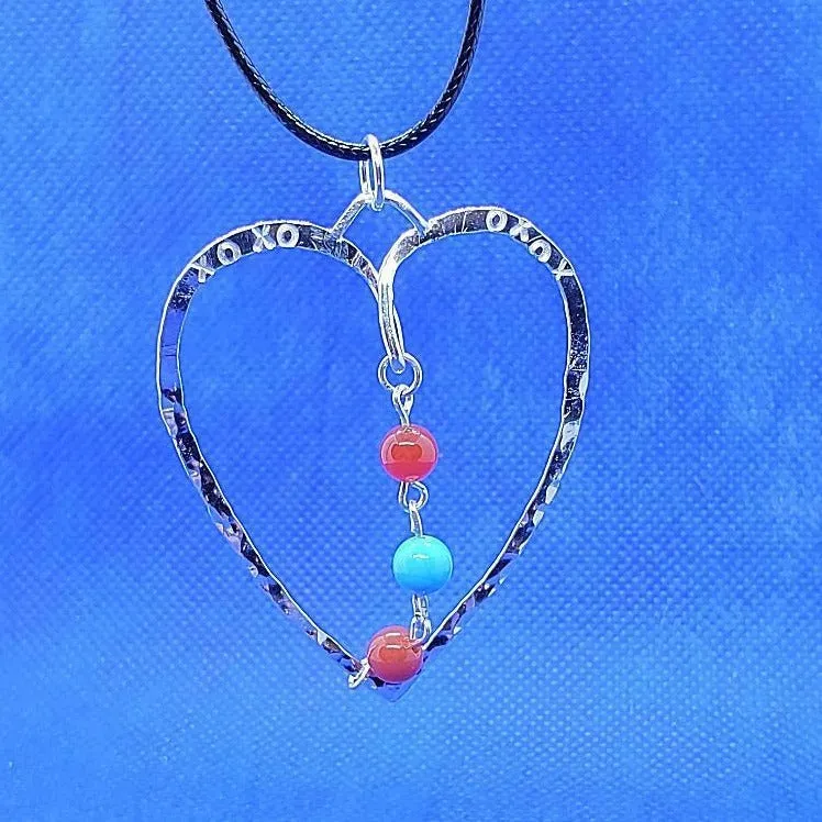 Handcrafted Sterling Silver Heart Pendant – Hammered Texture with Gemstones, Interchangeable Chain