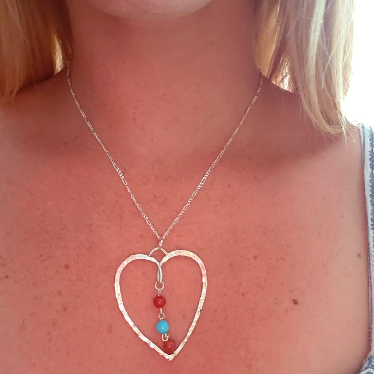 Handcrafted Sterling Silver Heart Pendant – Hammered Texture with Gemstones, Interchangeable Chain