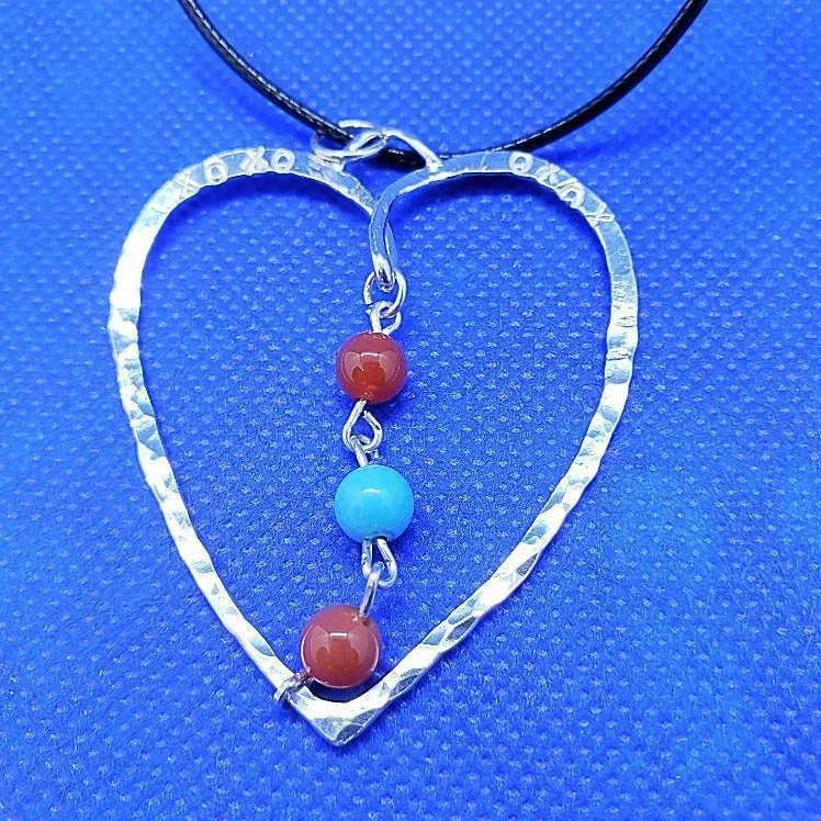 Handcrafted Sterling Silver Heart Pendant – Hammered Texture with Gemstones, Interchangeable Chain