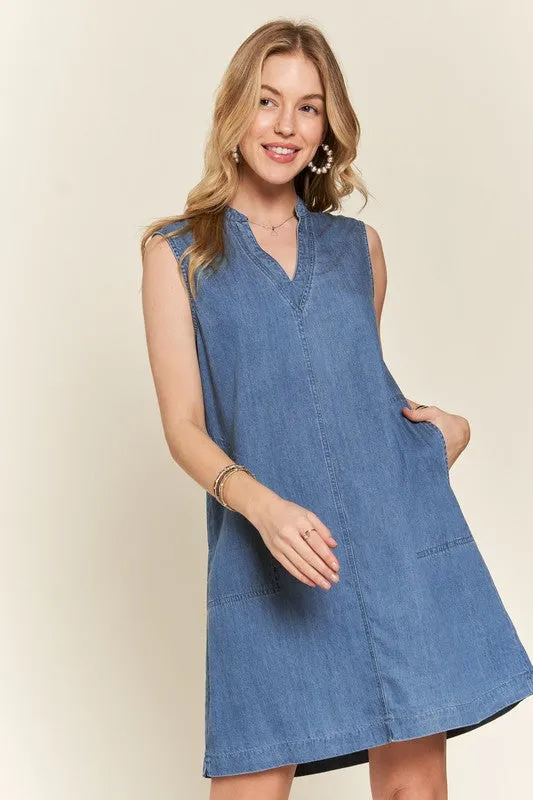 Hazel Blues® |  ADORA Notched Sleeveless Denim Dress with Pockets