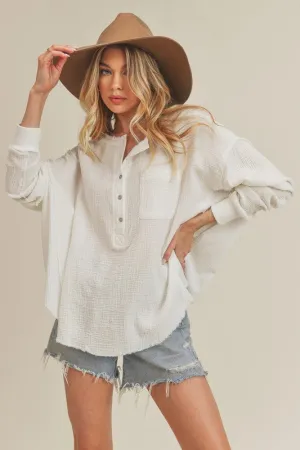 Hazel Blues® |  Aemi   Co Exposed Seam Raw Hem Half Button Top