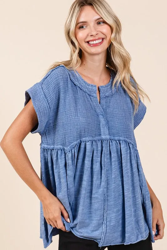 Hazel Blues® |  Mittoshop Mixed Media Mineral Wash Babydoll Short Sleeve Blouse