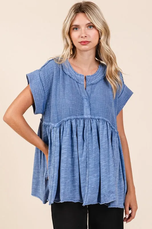 Hazel Blues® |  Mittoshop Mixed Media Mineral Wash Babydoll Short Sleeve Blouse