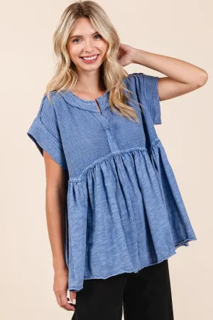 Hazel Blues® |  Mittoshop Mixed Media Mineral Wash Babydoll Short Sleeve Blouse