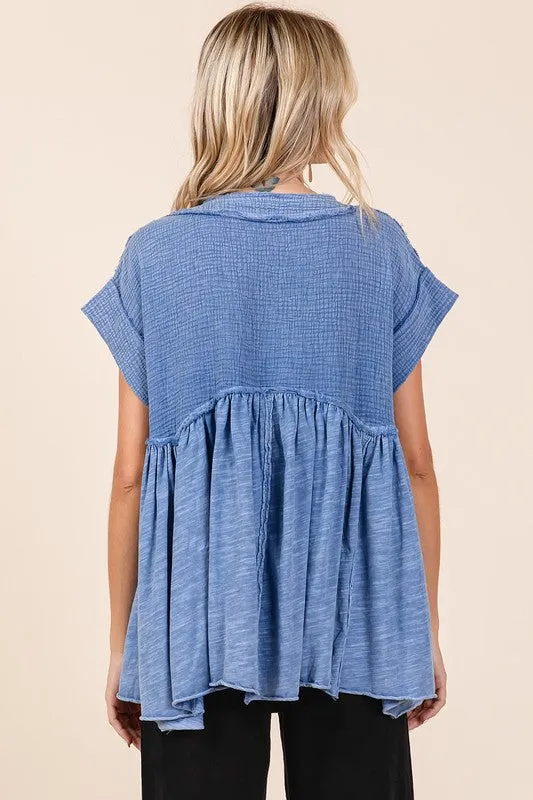 Hazel Blues® |  Mittoshop Mixed Media Mineral Wash Babydoll Short Sleeve Blouse