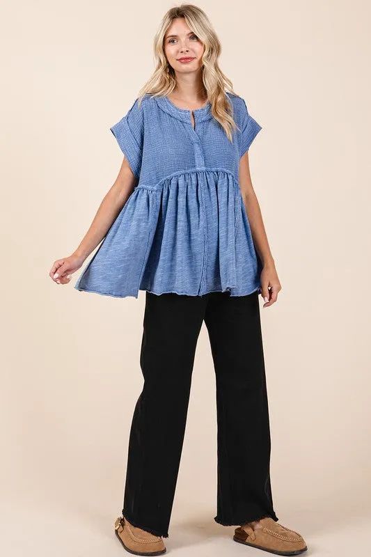 Hazel Blues® |  Mittoshop Mixed Media Mineral Wash Babydoll Short Sleeve Blouse