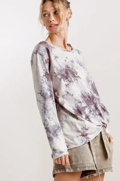 Hazel Blues® | Umgee Tie Dye Front Gathered Detail Round Neck Long Sleeve T-Shirt