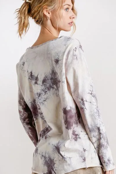 Hazel Blues® | Umgee Tie Dye Front Gathered Detail Round Neck Long Sleeve T-Shirt