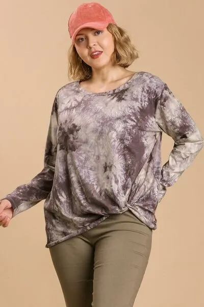 Hazel Blues® | Umgee Tie Dye Front Gathered Detail Round Neck Long Sleeve T-Shirt