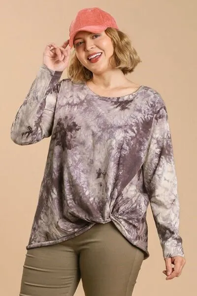 Hazel Blues® | Umgee Tie Dye Front Gathered Detail Round Neck Long Sleeve T-Shirt