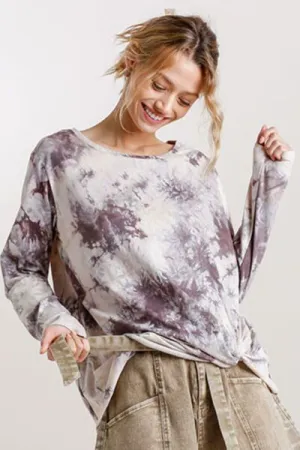 Hazel Blues® | Umgee Tie Dye Front Gathered Detail Round Neck Long Sleeve T-Shirt