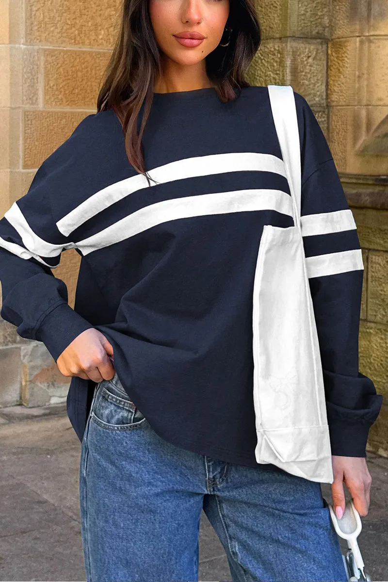 HWT1074 Laid-Back Striped Sweatshirt Top