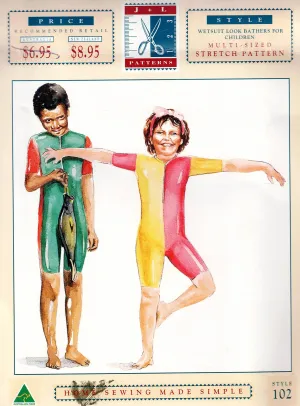 J & L 102 Boys and Girls Wetsuit Style Bathers Swimsuit Rash Suit 1990s Vintage Sewing Pattern Sizes 4 - 12 UNCUT Master Pattern