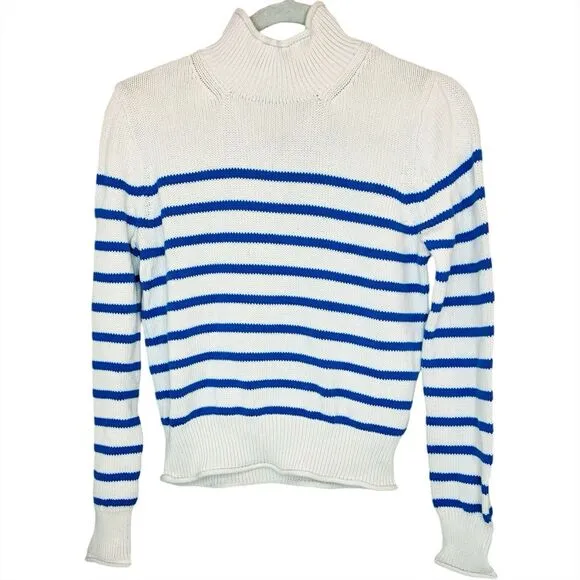 J. Crew Heritage Rollneck Sweater Cotton Pullover Small Blue White Ivory Stripes