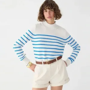 J. Crew Heritage Rollneck Sweater Cotton Pullover Small Blue White Ivory Stripes