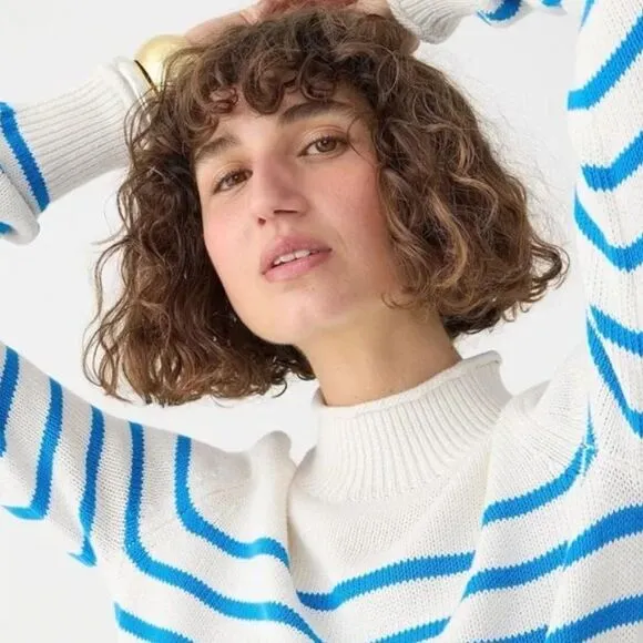J. Crew Heritage Rollneck Sweater Cotton Pullover Small Blue White Ivory Stripes