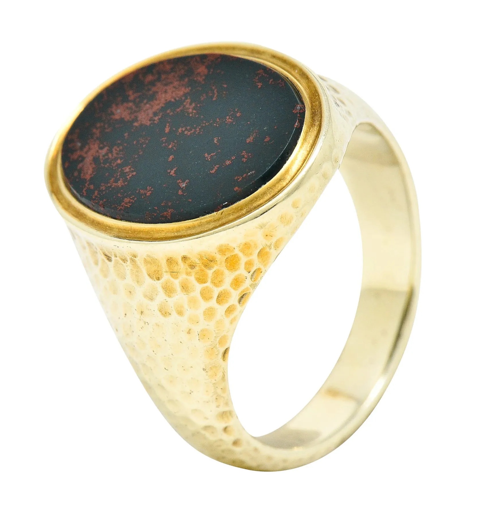 Jones & Woodland Retro Bloodstone 14 Karat Hammered Gold Unisex Signet Ring