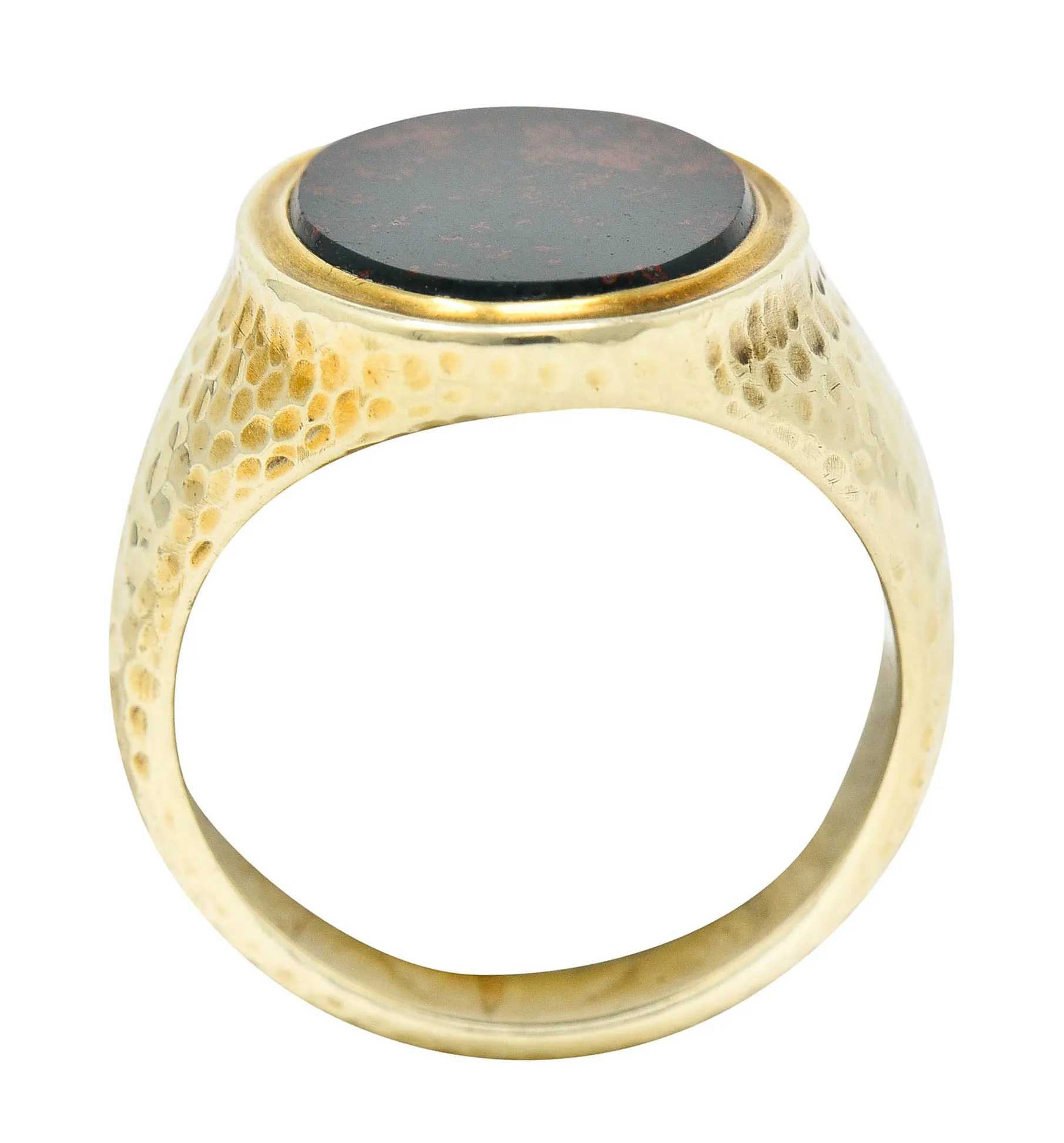 Jones & Woodland Retro Bloodstone 14 Karat Hammered Gold Unisex Signet Ring