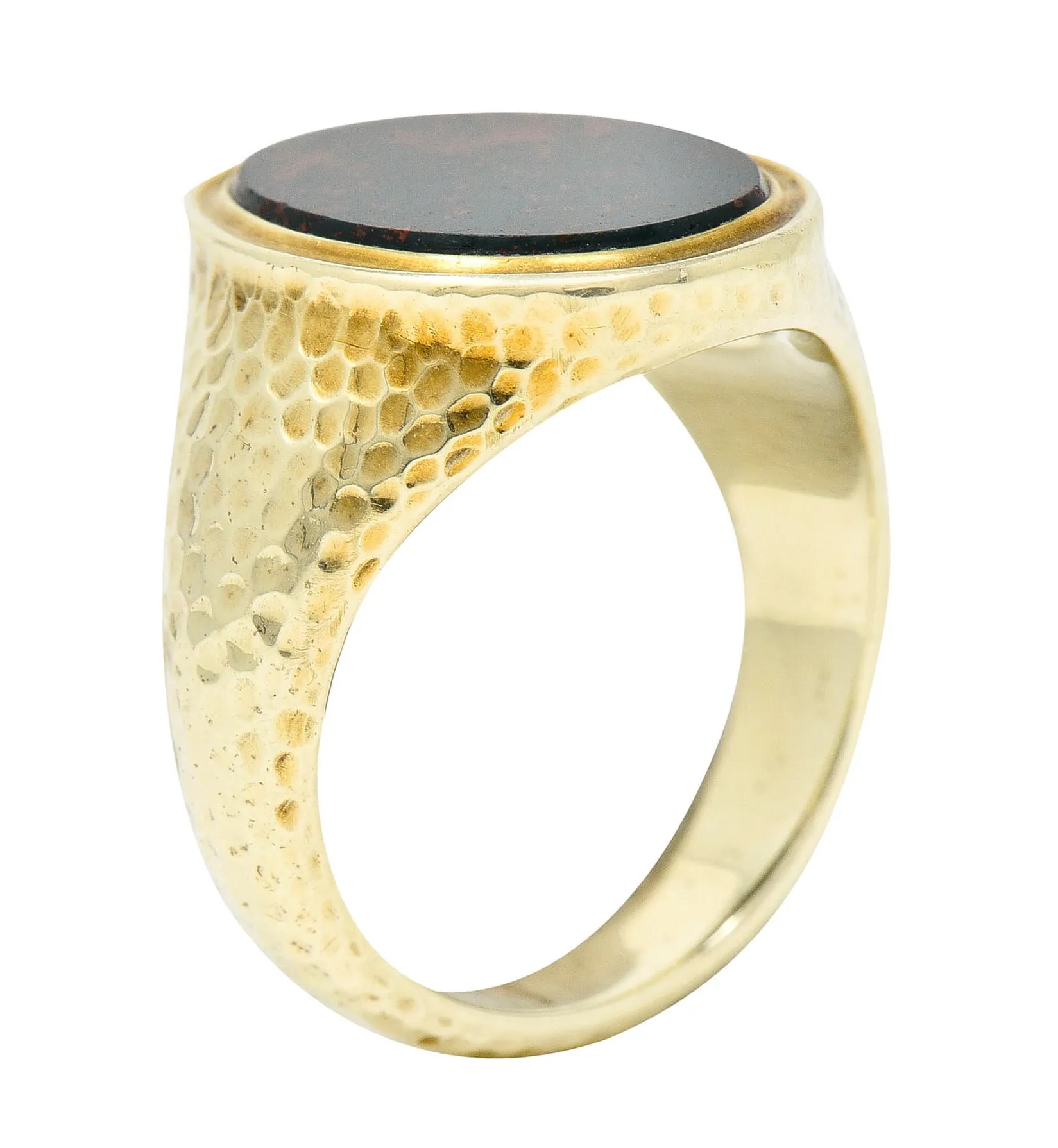 Jones & Woodland Retro Bloodstone 14 Karat Hammered Gold Unisex Signet Ring
