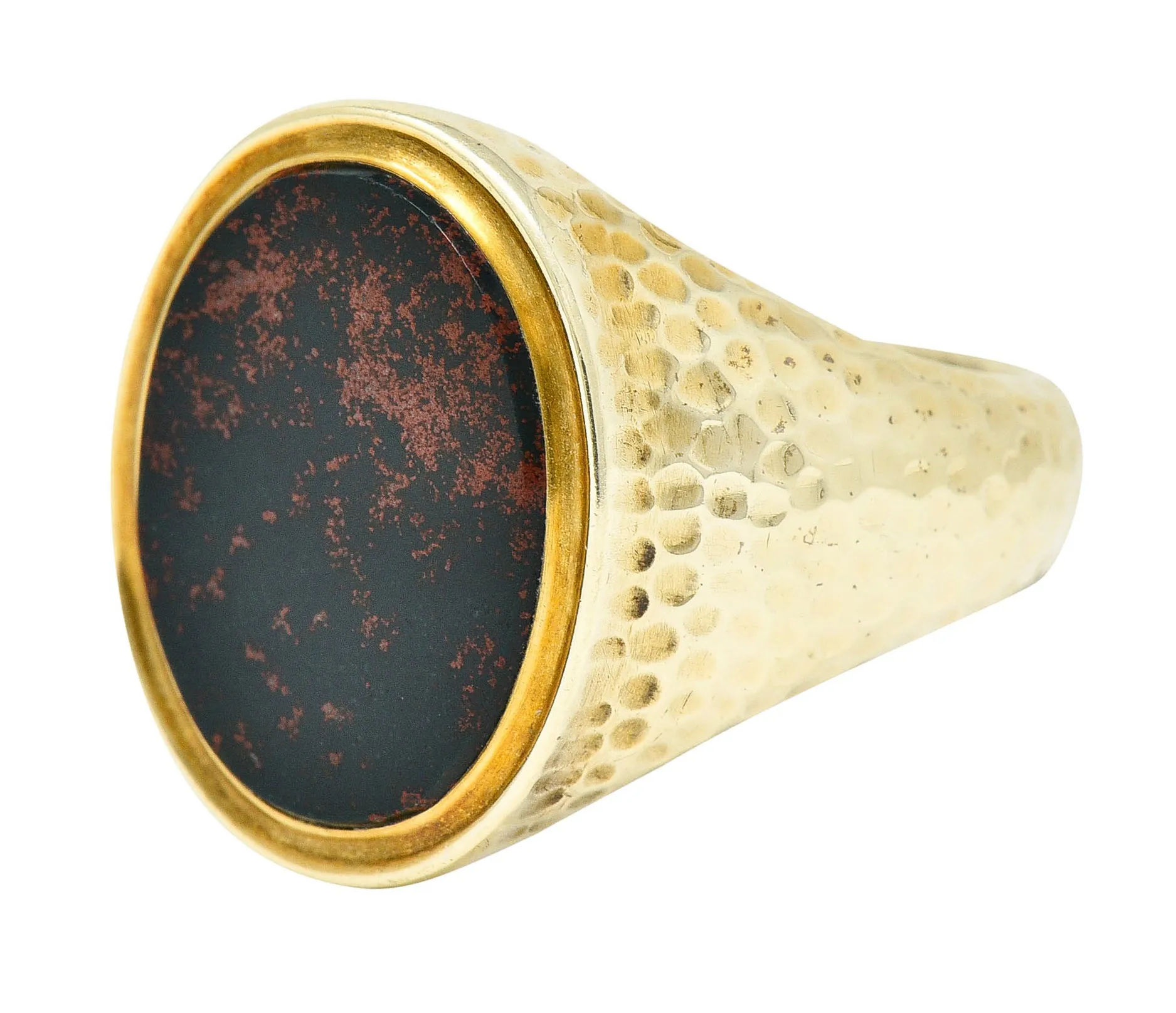 Jones & Woodland Retro Bloodstone 14 Karat Hammered Gold Unisex Signet Ring