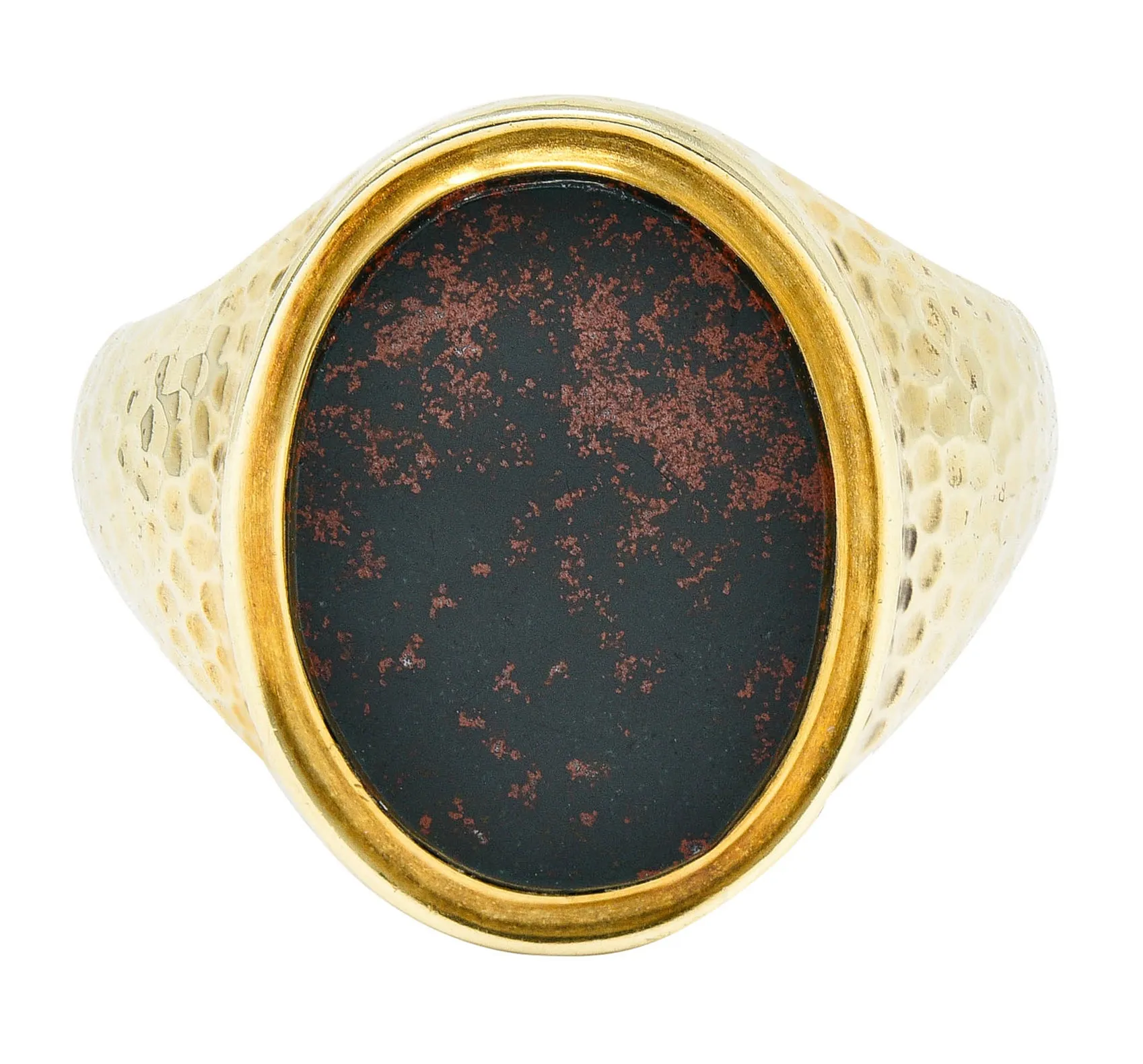 Jones & Woodland Retro Bloodstone 14 Karat Hammered Gold Unisex Signet Ring