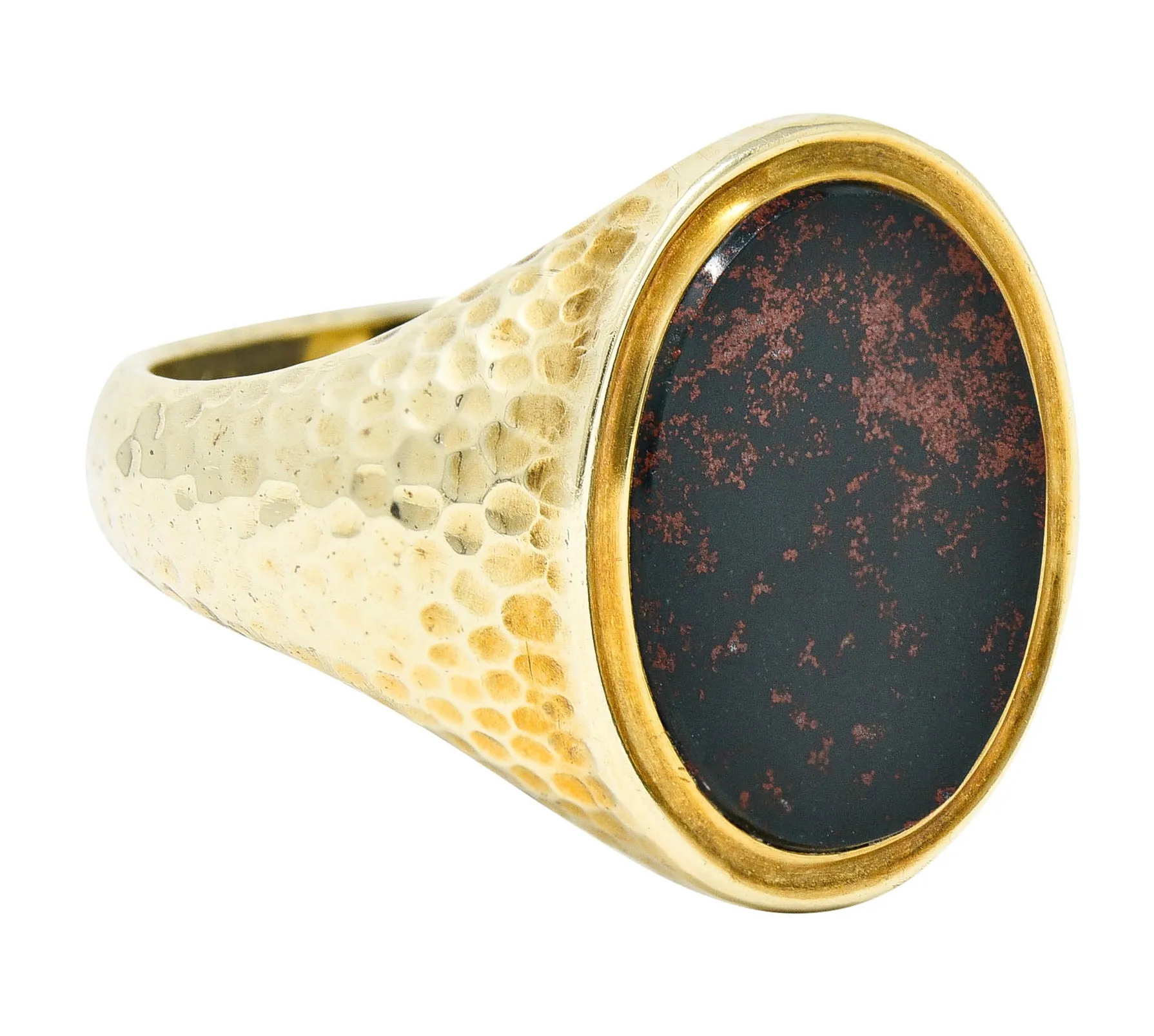 Jones & Woodland Retro Bloodstone 14 Karat Hammered Gold Unisex Signet Ring