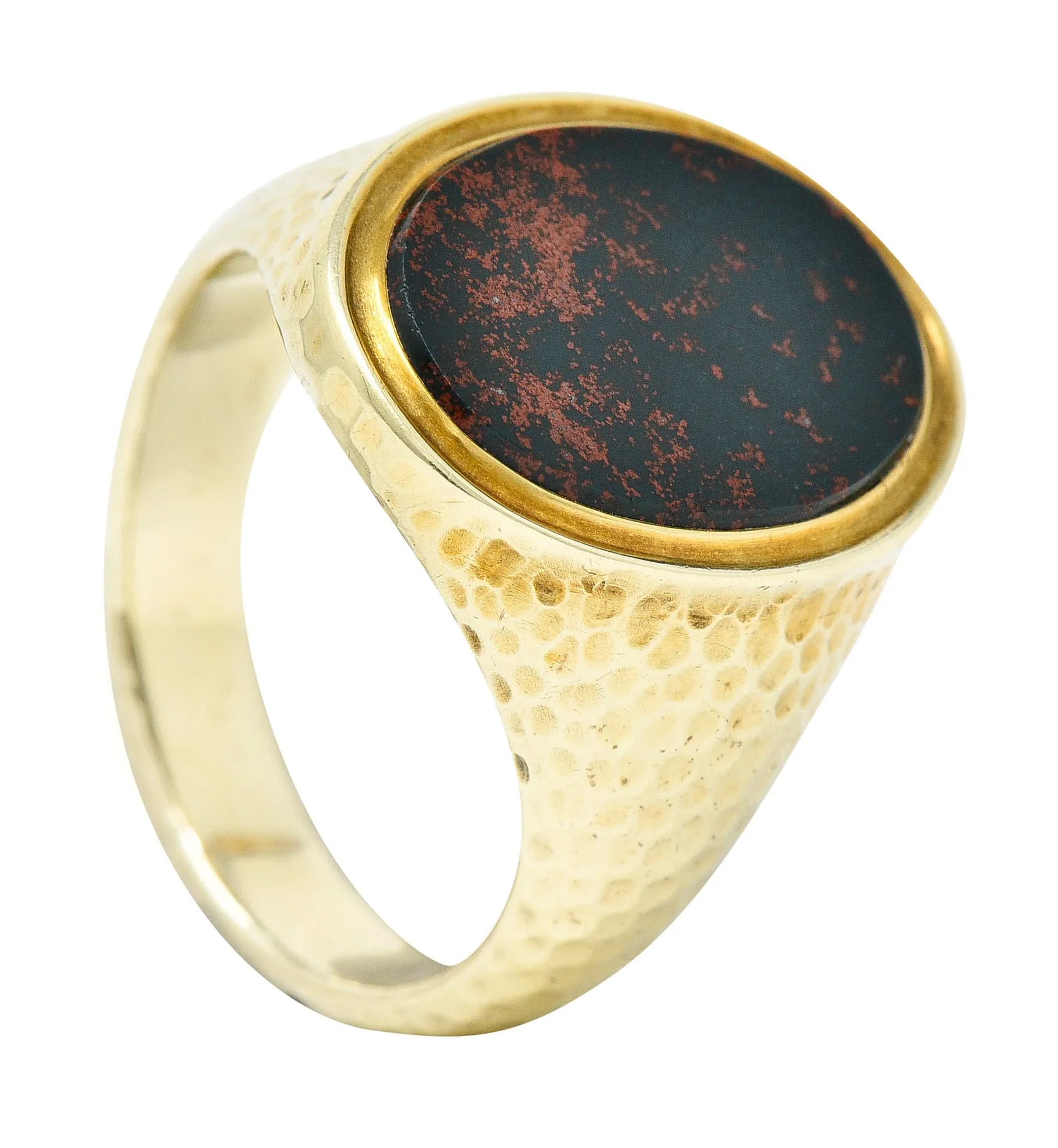 Jones & Woodland Retro Bloodstone 14 Karat Hammered Gold Unisex Signet Ring