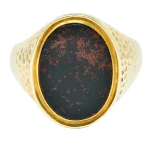 Jones & Woodland Retro Bloodstone 14 Karat Hammered Gold Unisex Signet Ring