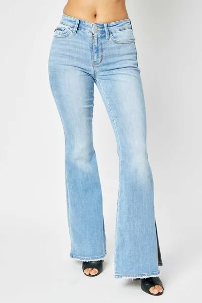 Judy Blue Mid Rise Raw Hem Slit Flare Jeans - Online Exclusive