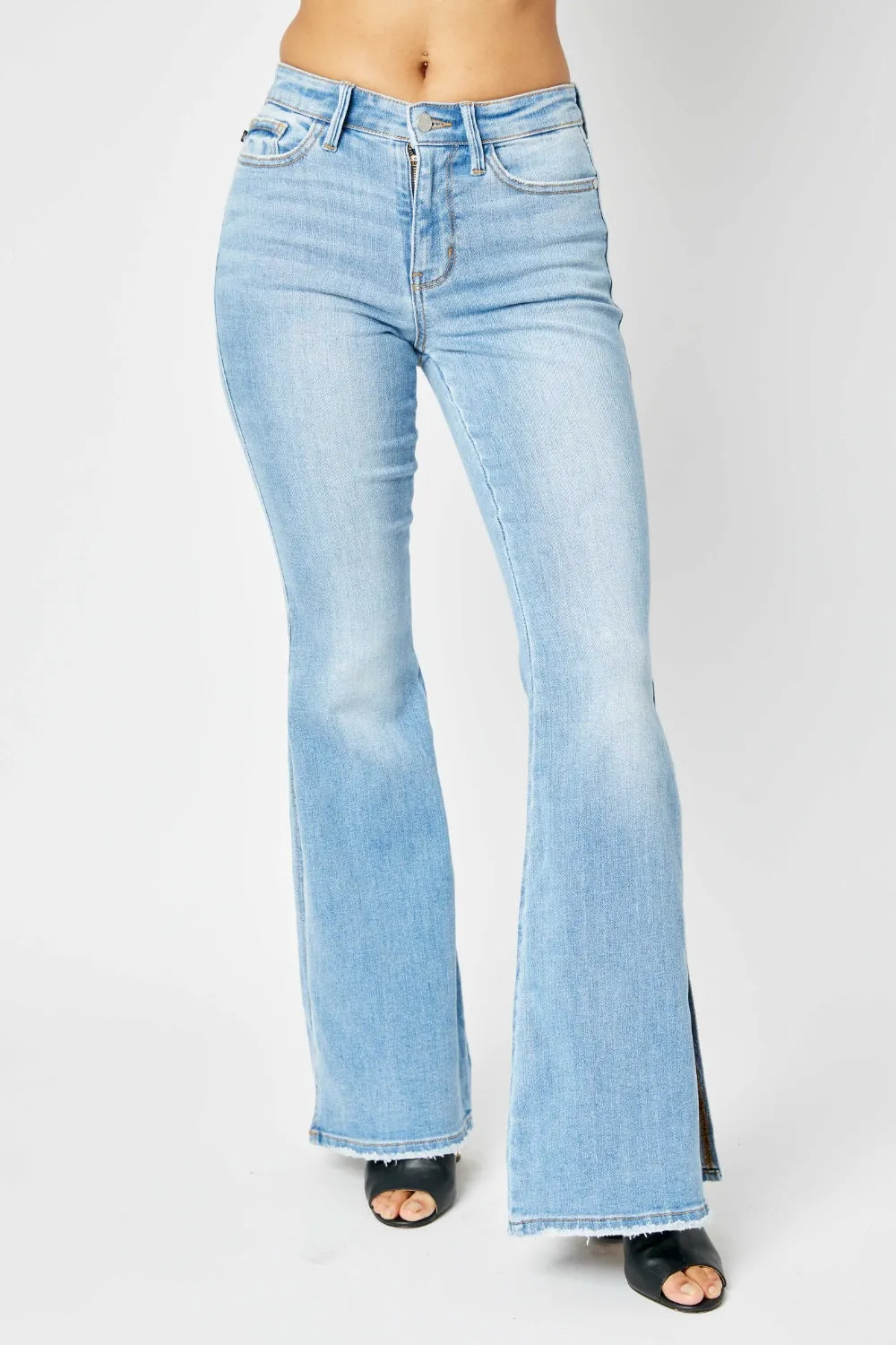 Judy Blue Mid Rise Raw Hem Slit Flare Jeans - Online Exclusive