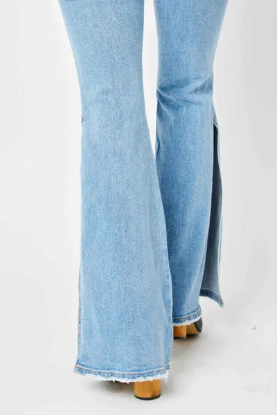 Judy Blue Mid Rise Raw Hem Slit Flare Jeans - Online Exclusive